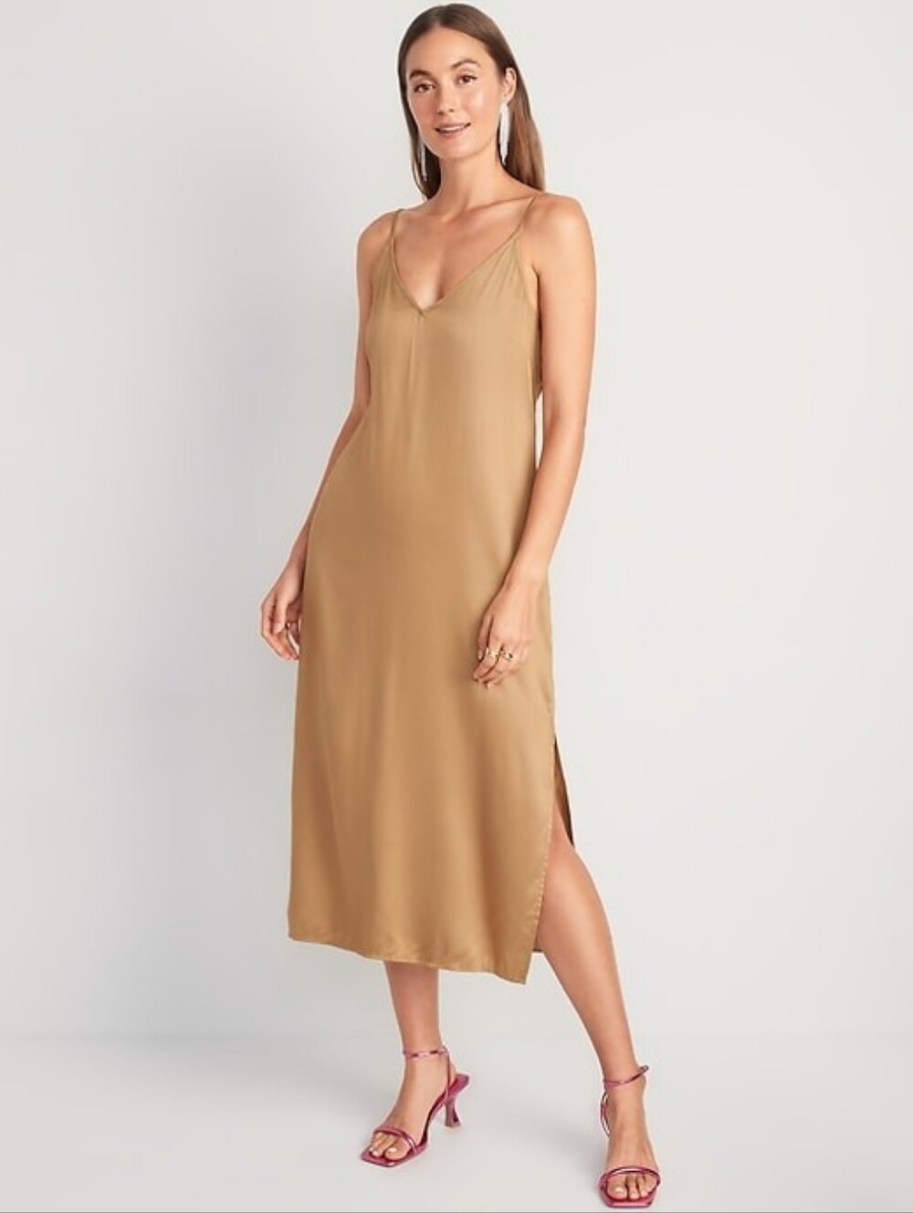 Satin Slip Midi Dress in Camel